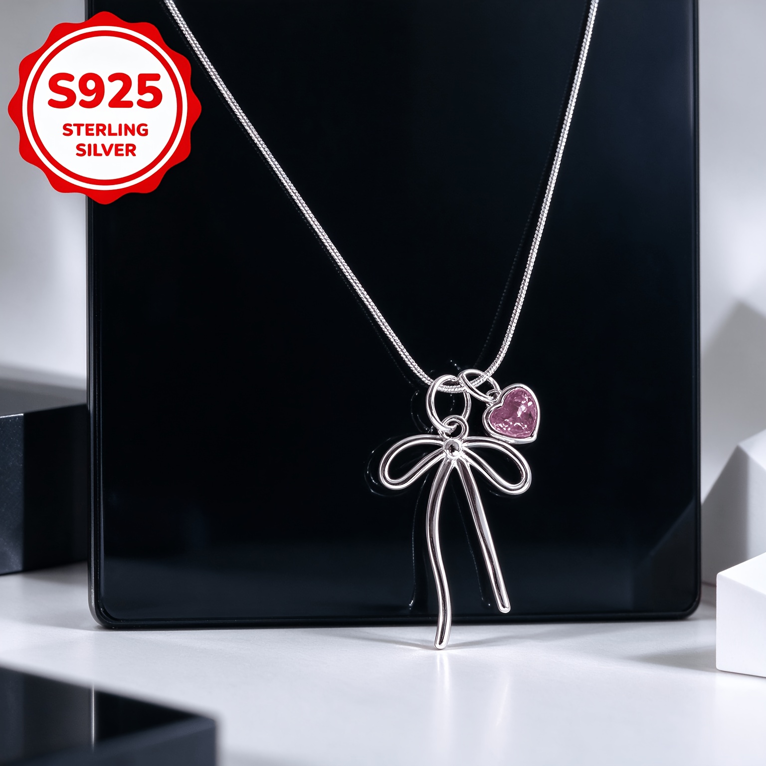 Women's 925 Silver Bow Pendant Necklace with Heart Cutout